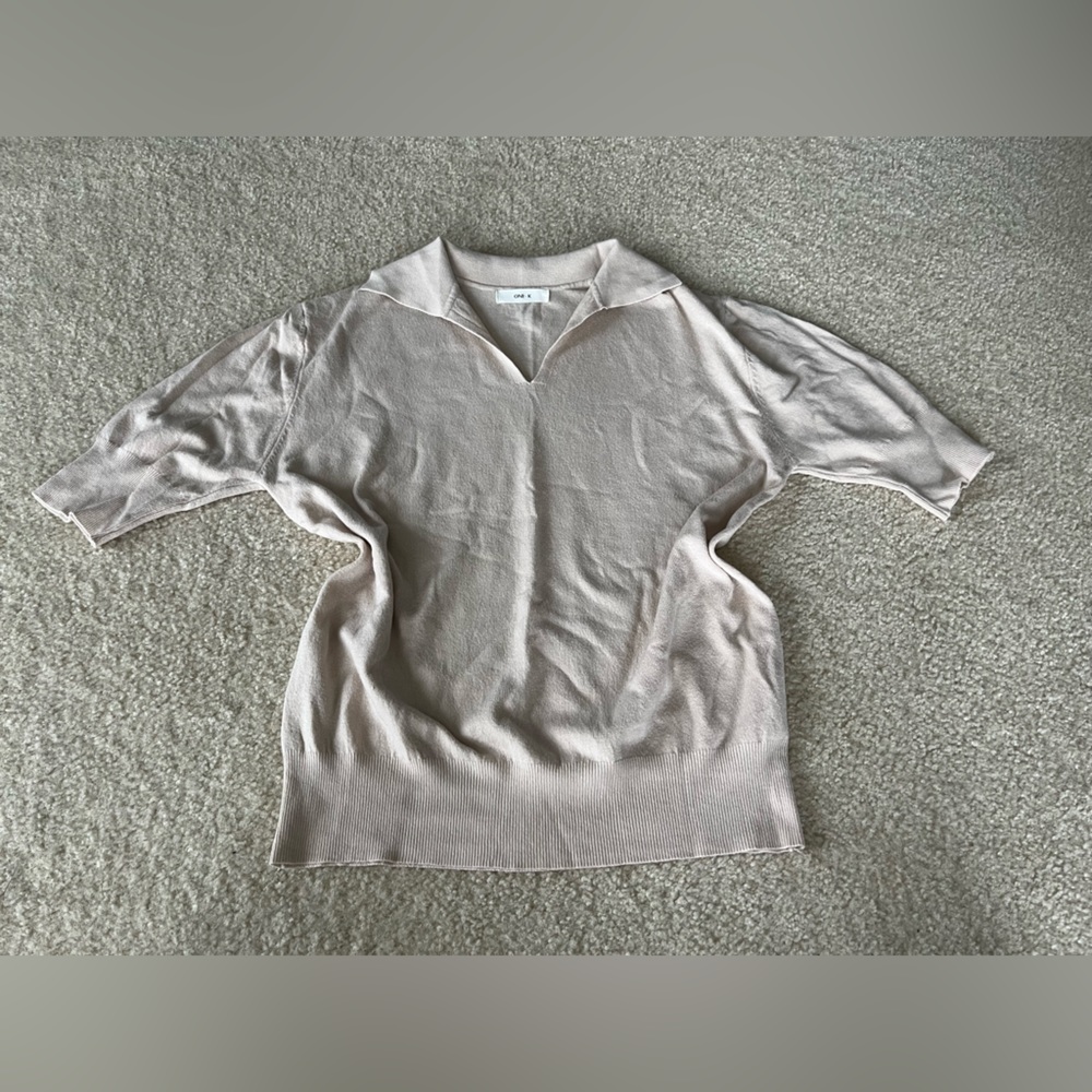 One K - Pale Pink Collared Short-Sleeve Sweater, Preppy, Coquette, Y2K